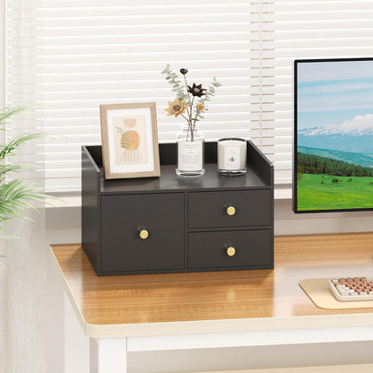 Bamboo Desk Organizer with Drawers Wooden Desktop Storage Drawers (1, Black 3 Drawer)