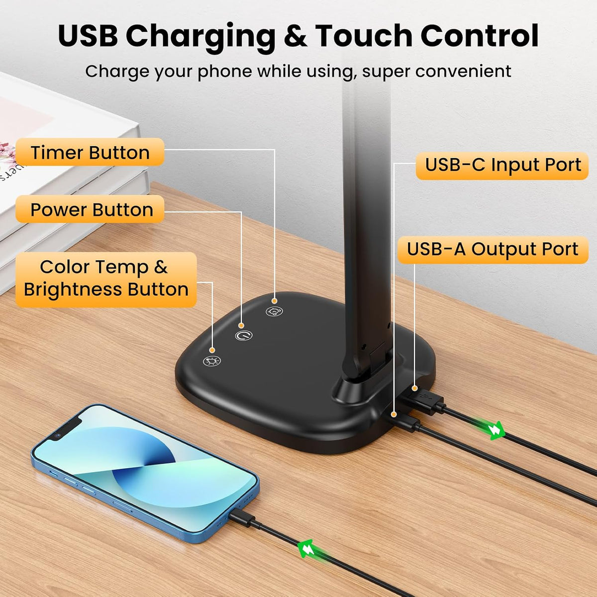 Desk Lamp with Charger, 10%-100% Stepless Dimmable & 5 Color Modes Study Lamp, Touch Control, 30-/60-minute Timer, USB Charging Output Port, CRI≥90, Eye-Caring Foldable LED Desk Lamps for Home Office