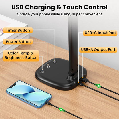 Desk Lamp with Charger, 10%-100% Stepless Dimmable & 5 Color Modes Study Lamp, Touch Control, 30-/60-minute Timer, USB Charging Output Port, CRI≥90, Eye-Caring Foldable LED Desk Lamps for Home Office