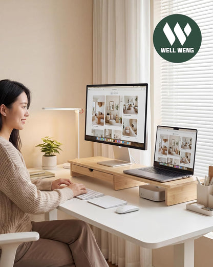 Bamboo Monitor Stand with Large Storage Drawer,23 Inch Ergonomic Computer Riser for Desk, Holds Up to 220lbs, Screen Shelf with 5 Compartments for Keyboard & Stationery Organization