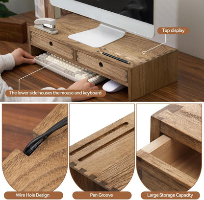 KIRIGEN Wood Monitor Stand with 2 Drawers, Solid Wood Computer Monitor Riser for Desk, Desktop Organizer Shelf with Cable Management, Pen Slots, Brown, No Assembly PMJ-DBR