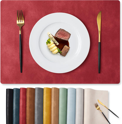 MOSAYT Vinyl Placemats Set of 6-12 X 17 Inch - Faux Leather 100% Waterproof Oil-Proof Wipeable PU Place Mats, Heat Resistant Reversible Table Mats for Kitchen, Dining, Outdoor, Reddish Brown