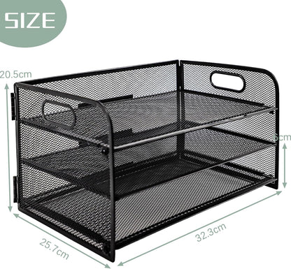 Paper Letter Tray with Handle, 3 Tier Metal Mesh Desk File Organizer, A4 Paper Desktop Filing Trays, Desk Tidy Magazine Document Holder for Home Office, Black