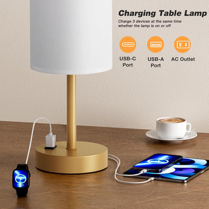 Fenmzee Bedside Table Lamp for Bedroom - Dimmable Touch, USB A+C, AC Outlet