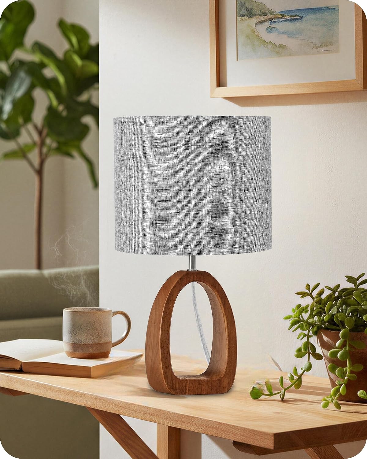 Small Table Lamp, 14.2" Cute Little Desk Lamp, Wood Bedside Lamp with Linen Lampshade, Modern Nightstand Lamp for Bedroom, E26 Base, Bulb Not Included, Beige and Dark Natural LE07TL05