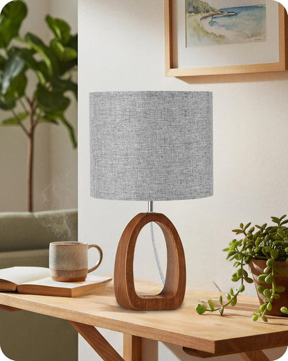 Small Table Lamp, 14.2" Cute Little Desk Lamp, Wood Bedside Lamp with Linen Lampshade, Modern Nightstand Lamp for Bedroom, E26 Base, Bulb Not Included, Beige and Dark Natural LE07TL05