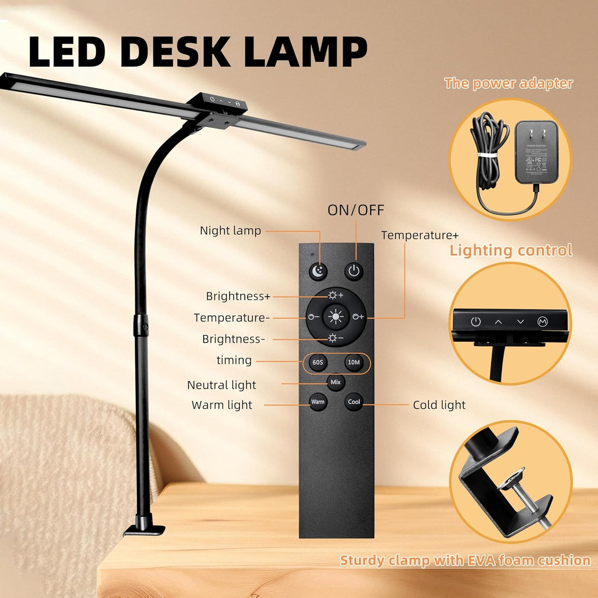 BAYSQUIRREL Led Desk Lamp with Clamp,Desk Light with Human Sensor,Gooseneck Remote Eye Protection Desk Lighting,24W Ultra Bright Stepless Dimming and Tempering LED Desk Lamp for Home Office, Bedroom