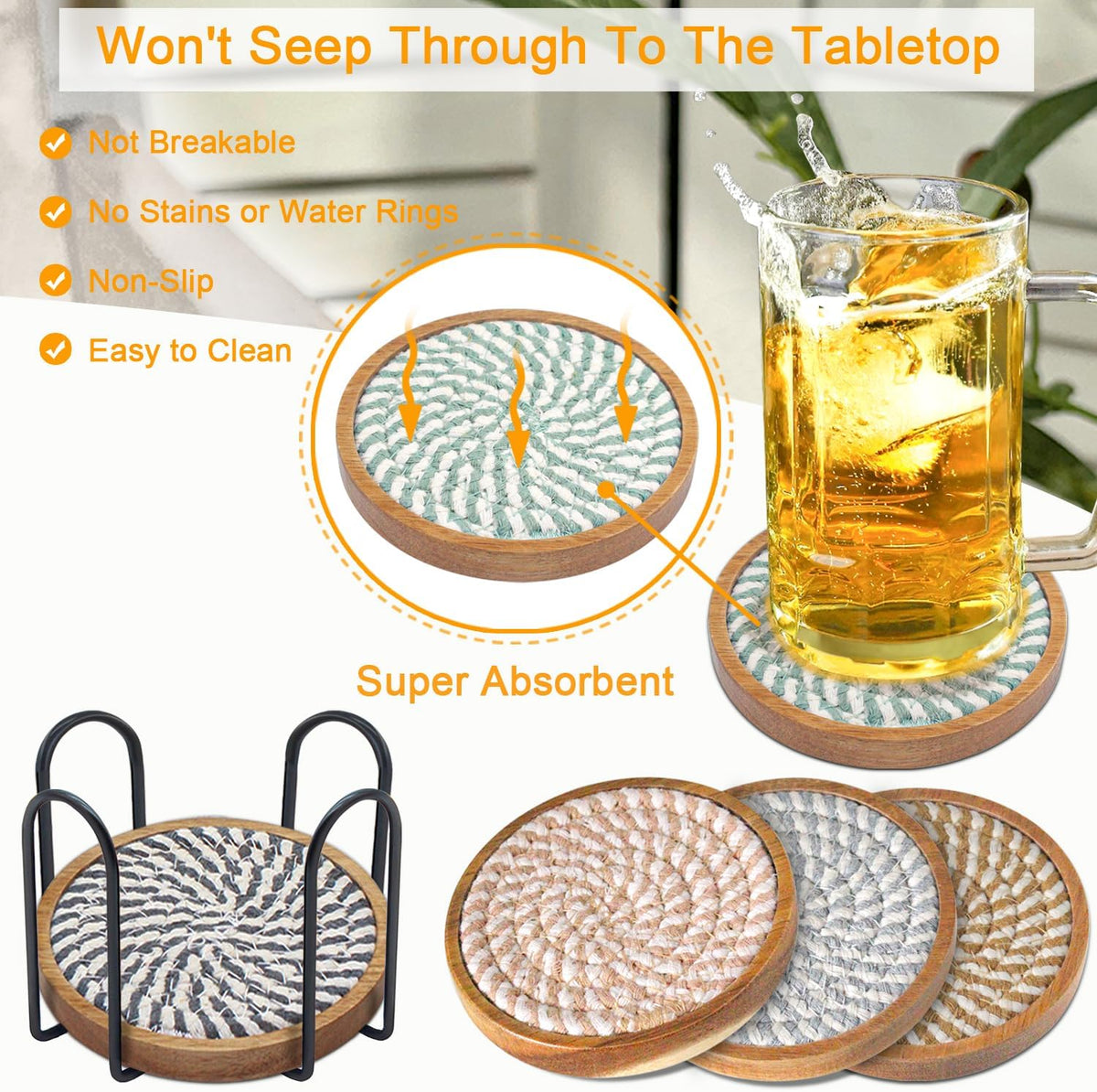 Wood Coasters for Drinks, Eykao Absorbent Coaster Sets of 5, Woven Drink Coasters for Coffee Table, Housewarming Gift for Farmhouse Home Decor,4 inches