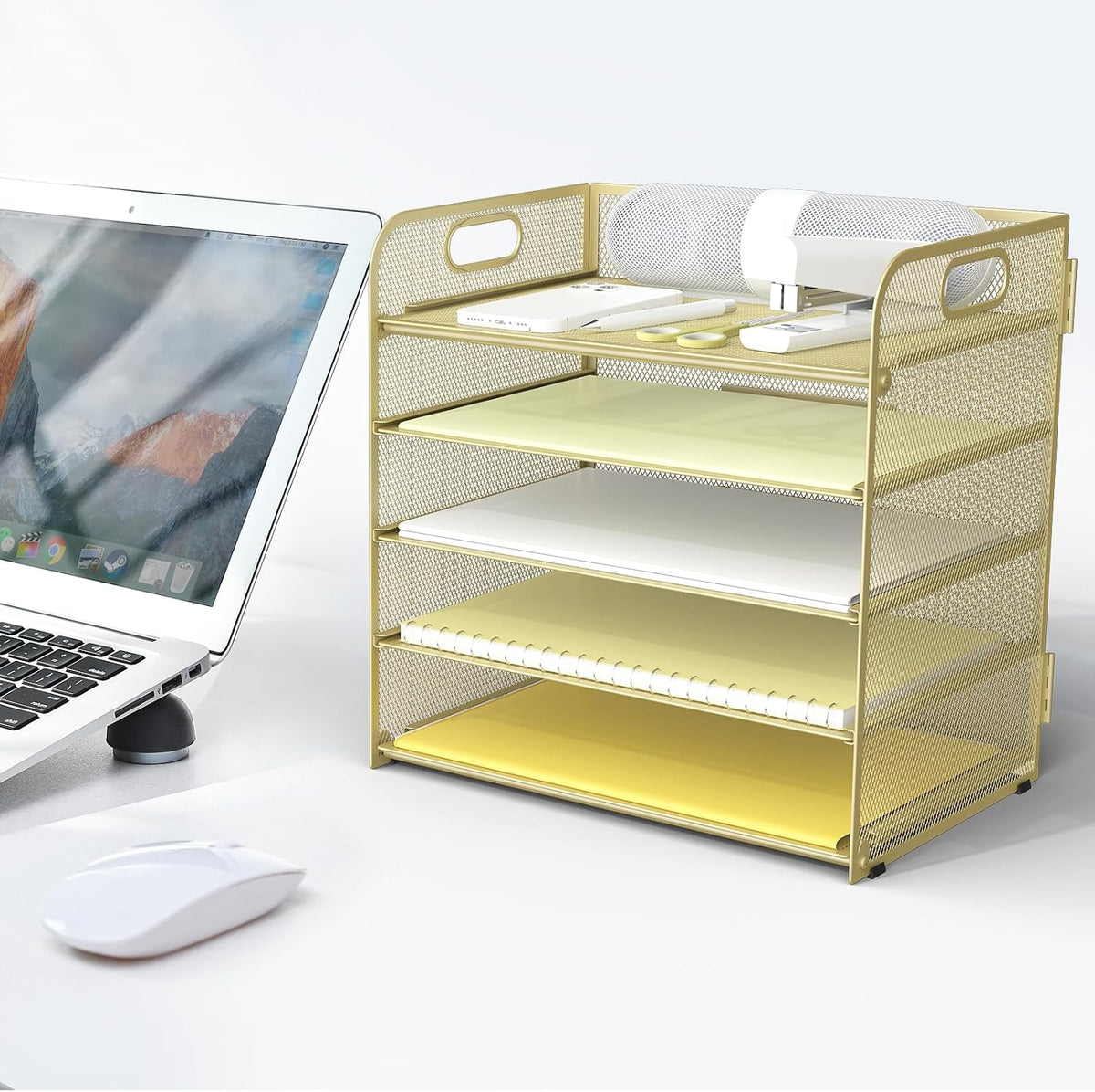 Letter Tray Paper Organizer 5-Tier Desk Organizer File Organizer Paper Holder with Handle, Metal Desktop Document Shelf Tray Office Classroom Organization - Black