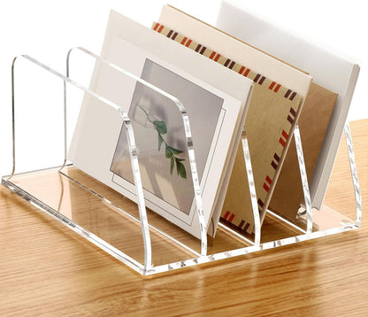 SANRUI Acrylic Mail Sorter Desktop Organizer Holder with Drawer, 5 Compartments Clear Small File Script Letter Document Storage for Desk Bill Filling Envelope Holder Office, Home, School Organization