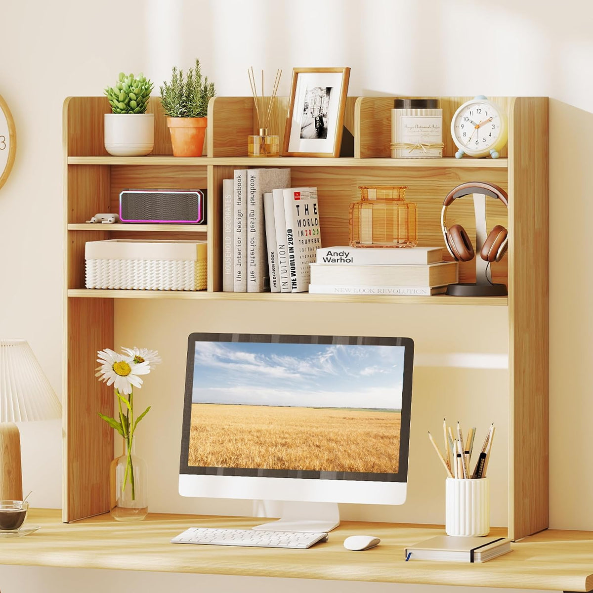 Desktop Bookshelf, Countertop Storage Hutch with 5 Shelves for Computer Desk, Desk 3-Tier Display Rack, Multipurpose Wood Desktop Hutch Storage Organizer for Dorm Office Home