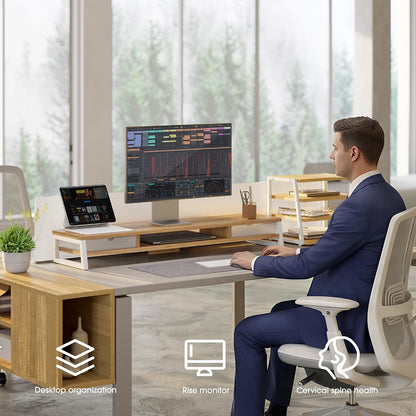 Fenge Dual Monitor Stand, Monitor Riser with Drawer, 42.5 Inch Large Computer Monitor Stand for 2 Monitors, 2 Tier Wooden Desk Shelf for Top of Desk