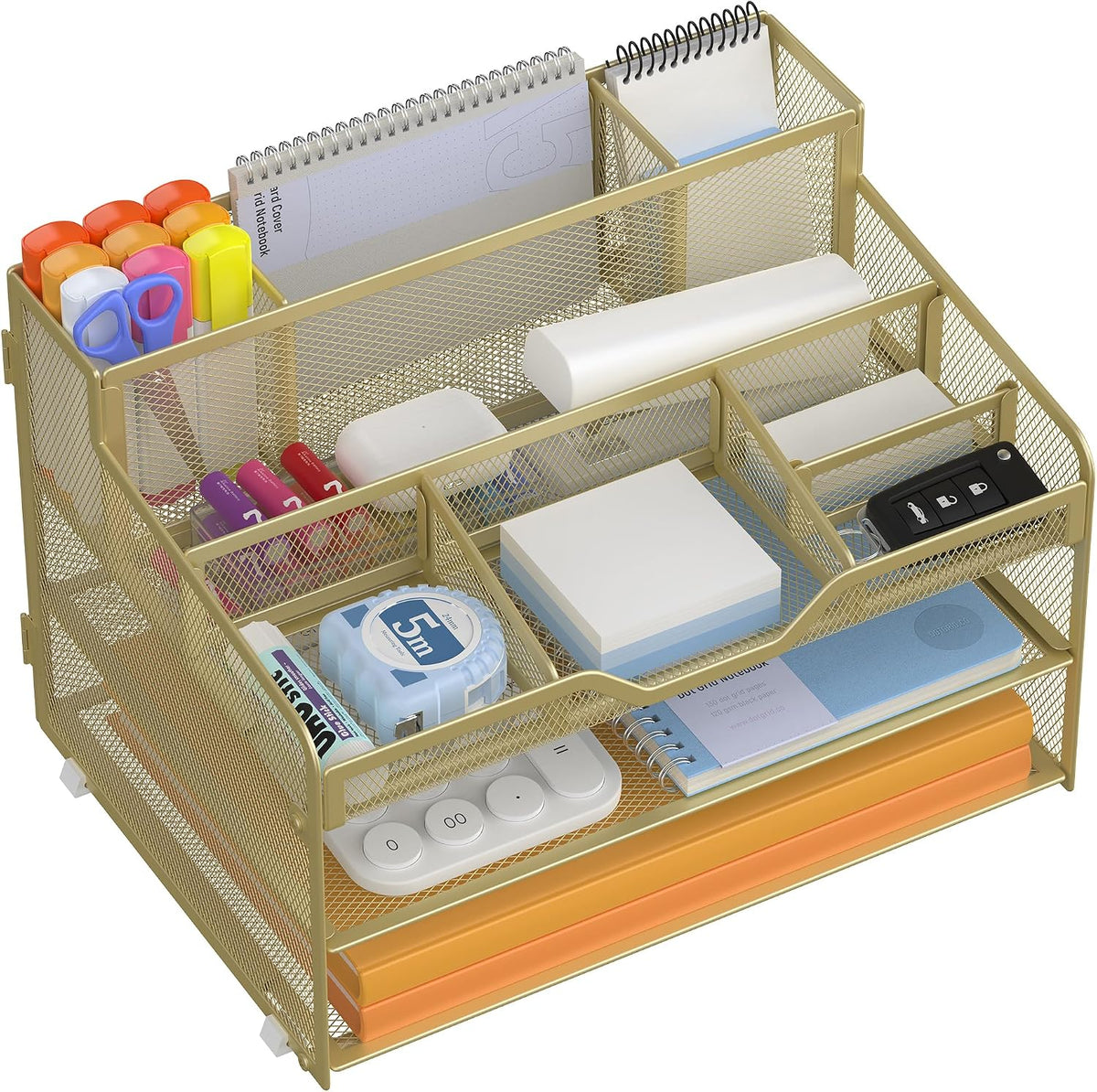 Docnest 5 Tier Mesh Desk Organizer for Paper Office Supplies – Multi-Functional Letter Tray with 5 Adjustable Compartments, 3 Pen Holders, Desktop Storage for Files, Mail, Stationery – Black