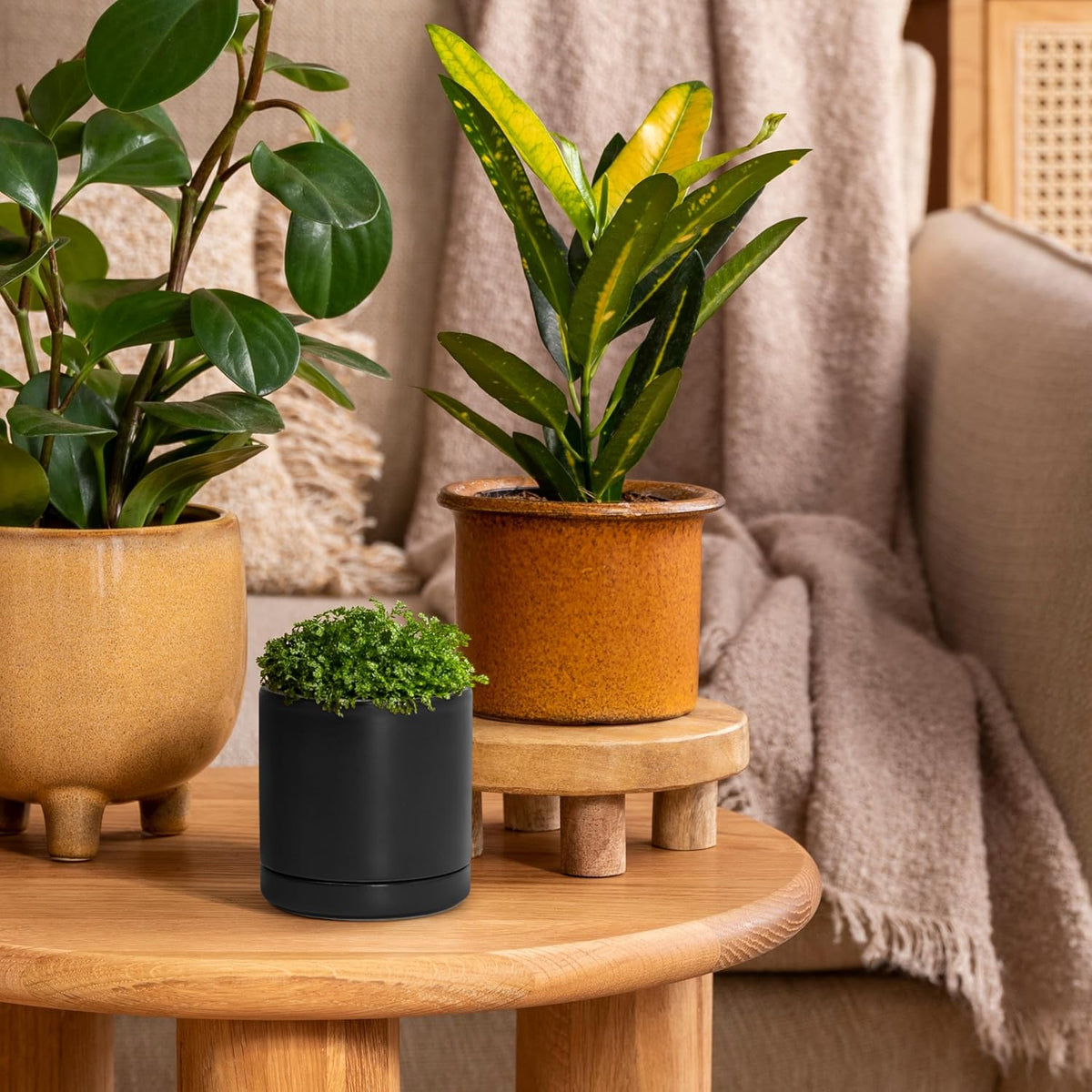 D'vine Dev 4.7 Inch Ceramic Planter Pot with Drainage Hole and Saucer, Indoor Cylinder Round Planter Pot, Teal, 94-O-B-9