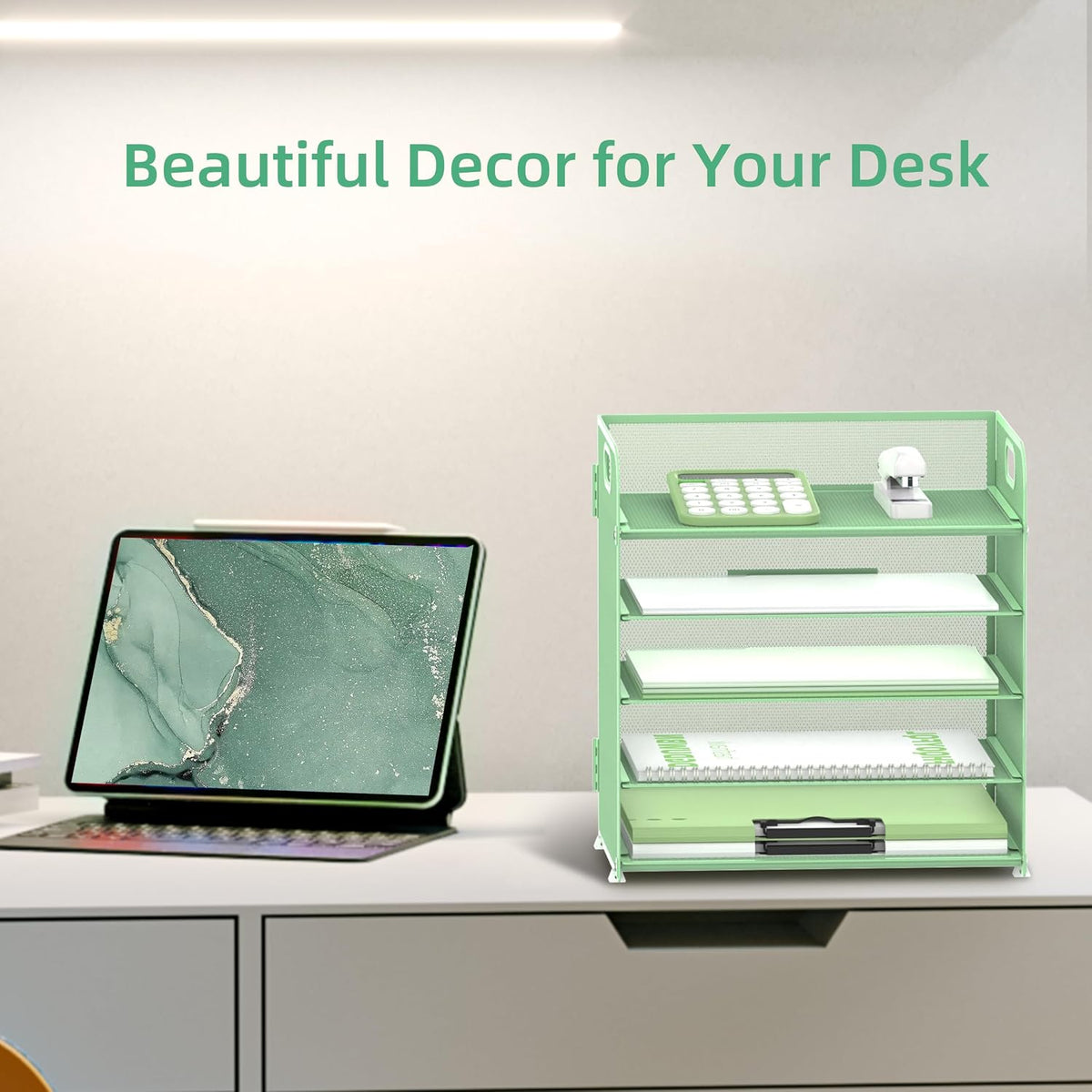Supeasy 5 Trays Paper Organizer Letter Tray with Handle-Mesh Desk File Holders, Paper Sorter Desk Organizer for Office, Home, Classroom or School