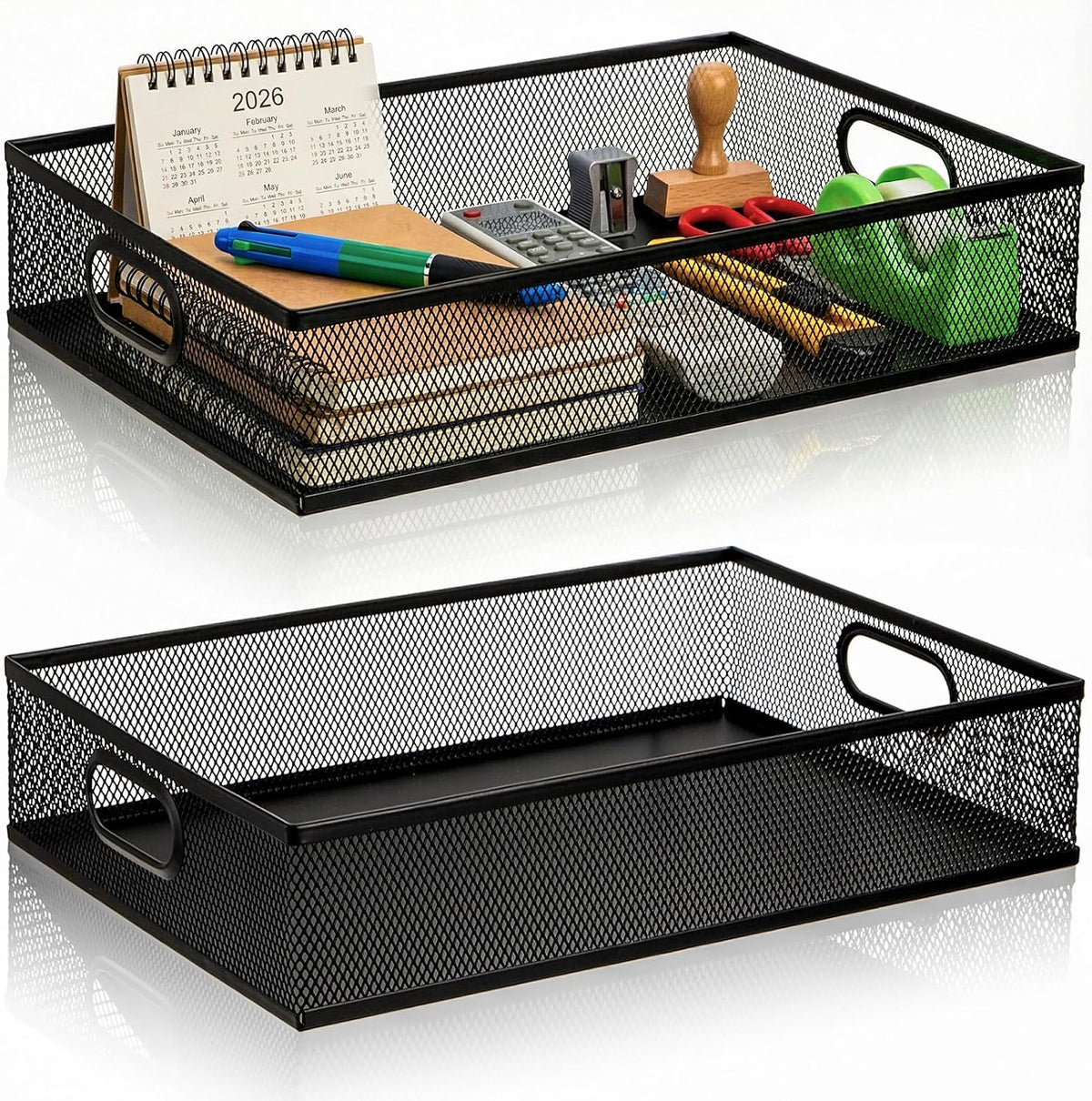 Elsjoy 2 Pack Desk Drawer Organizer Tray, Metal Mesh Desktop Storage Tray Office File Organizer with Handle, Portable Large Storage Basket for Office Supplies, Craft, Magazine, Paper