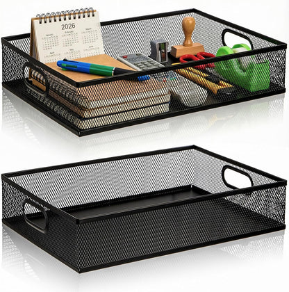 Elsjoy 2 Pack Desk Drawer Organizer Tray, Metal Mesh Desktop Storage Tray Office File Organizer with Handle, Portable Large Storage Basket for Office Supplies, Craft, Magazine, Paper