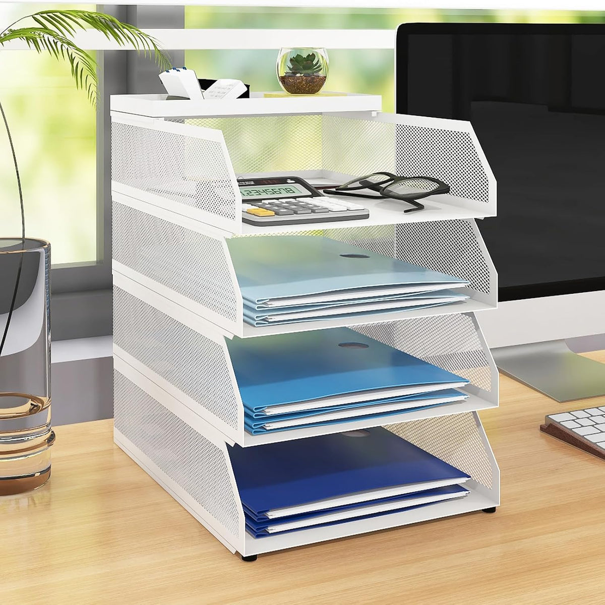 Natwind 4-Tier Paper Organizers,Desk Organizer,Stackable Paper Tray, Desk Accessories,Metal Mesh Desktop Organizer,Letter Trays,File Document Storage Rack for for Home, Office, School (Black)
