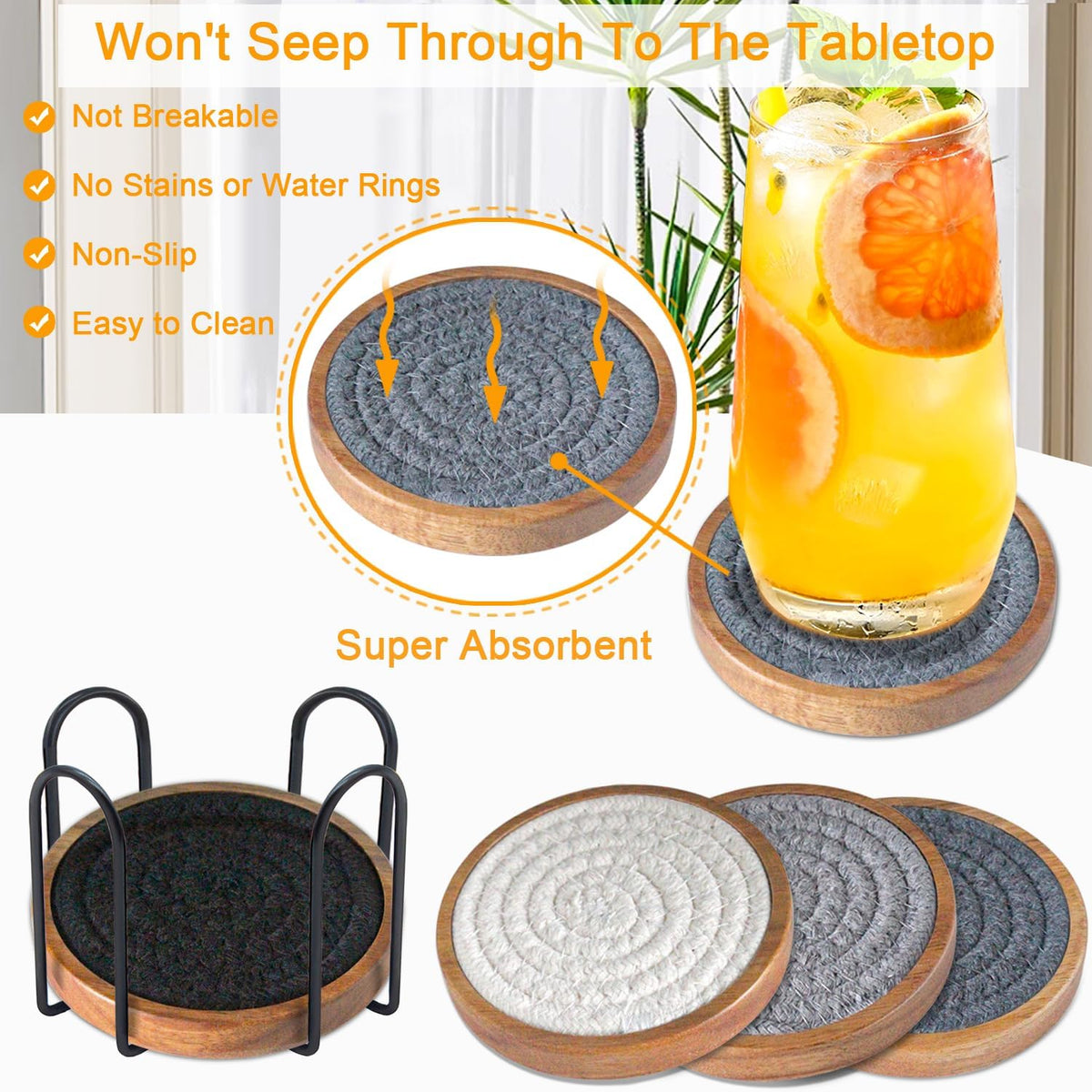 Wood Coasters for Drinks, Eykao Absorbent Coaster Sets of 5, Woven Drink Coasters for Coffee Table, Housewarming Gift for Farmhouse Home Decor,4 inches