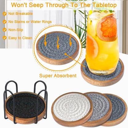 Wood Coasters for Drinks, Eykao Absorbent Coaster Sets of 5, Woven Drink Coasters for Coffee Table, Housewarming Gift for Farmhouse Home Decor,4 inches