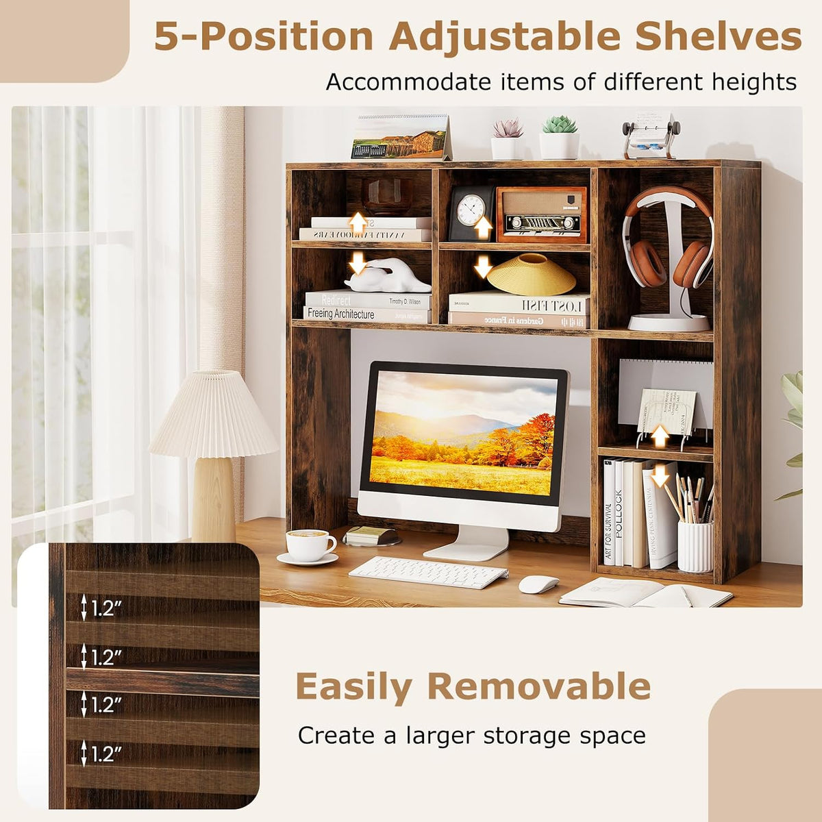 Desktop Bookshelf, Countertop Storage Hutch with 5 Shelves for Computer Desk, Desk 3-Tier Display Rack, Multipurpose Wood Desktop Hutch Storage Organizer for Dorm Office Home