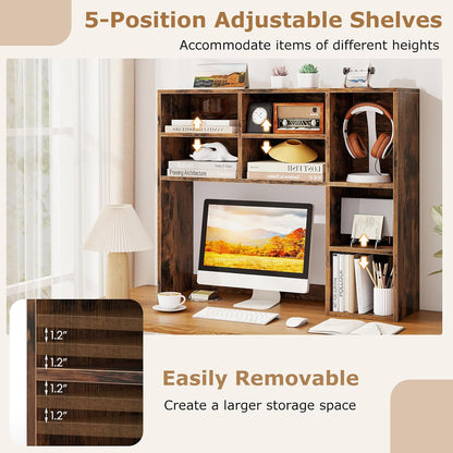 Desktop Bookshelf, Countertop Storage Hutch with 5 Shelves for Computer Desk, Desk 3-Tier Display Rack, Multipurpose Wood Desktop Hutch Storage Organizer for Dorm Office Home