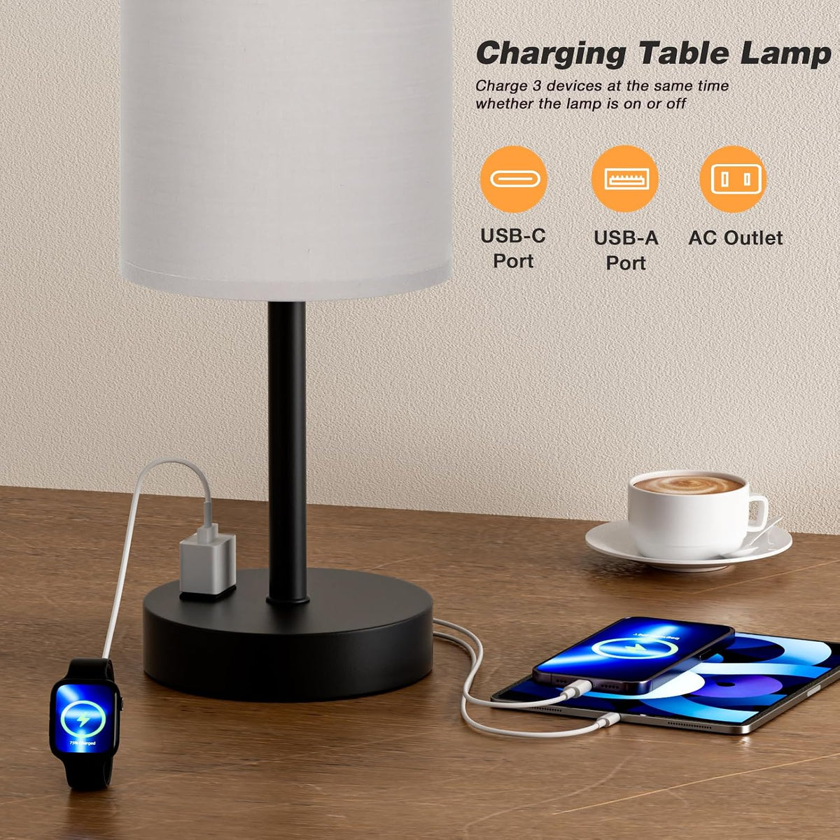 Fenmzee Bedside Table Lamp for Bedroom - Dimmable Touch, USB A+C, AC Outlet