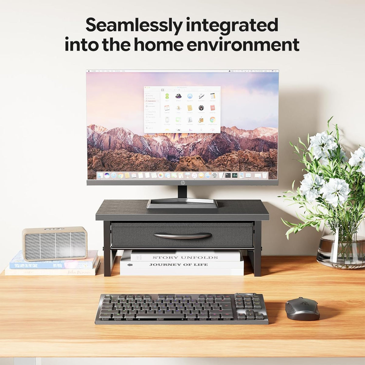 Ekisemio 2-Tier Monitor Stand with Fabric Drawer – Wood and Metal Computer Riser, Desk Organizer for Office, Black