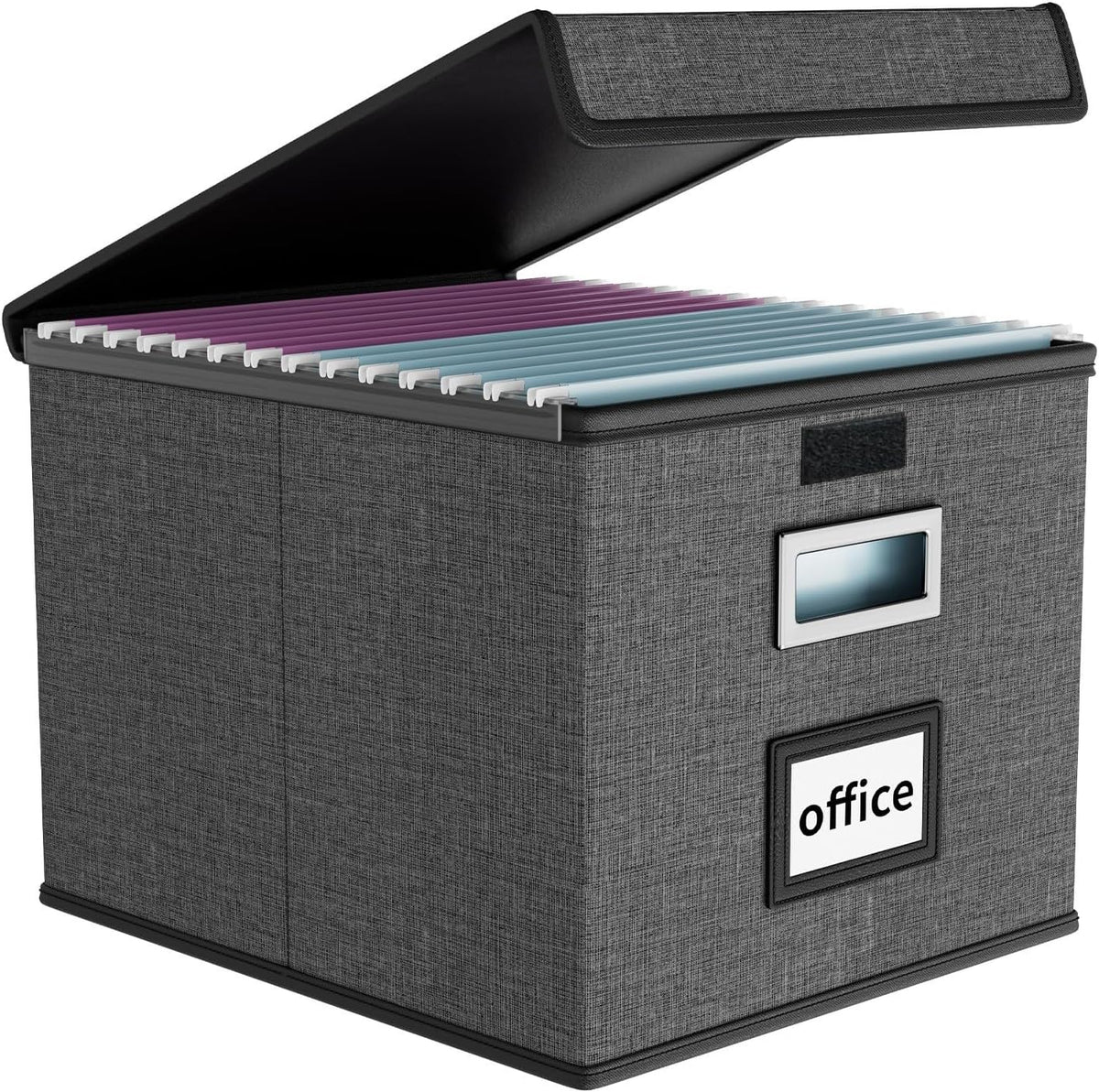 Upgraded Portable File Organizer Box with Lid, Collapsible Linen Hanging Filing Storage Boxes with Plastic Slides, Decorative Home/Office Filing System Box for File and Folders Storage (Gray)