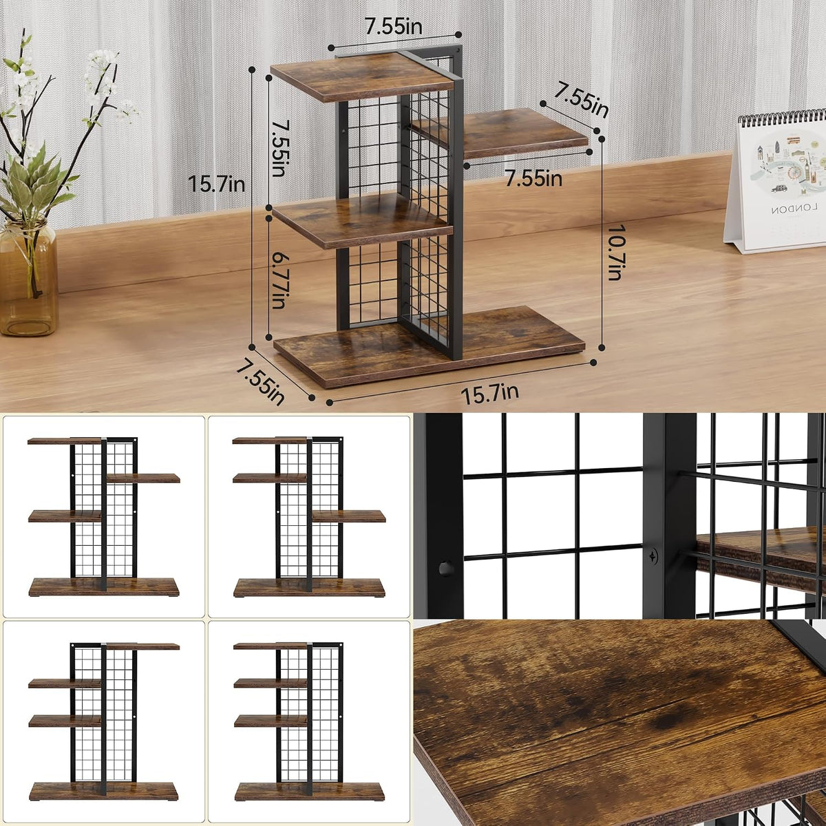 4 Tier Desk Shelf Organizer, Desk Shelf for Top of Desk,Adjustable Tabletop Bookshelf Wood Desktop Shelf for Home Office Dorm, Brown
