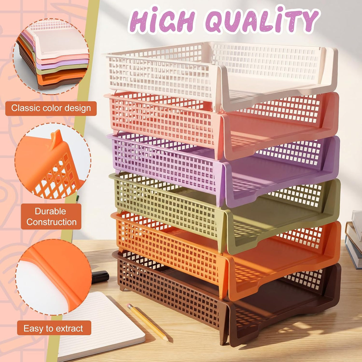 Tenceur 6 Pcs Turn in Trays Classroom, Pastel Paper Tray for Classroom Organization and Storage Stackable Plastic Book Baskets Teacher Organizers for Library Drawers Office Desk