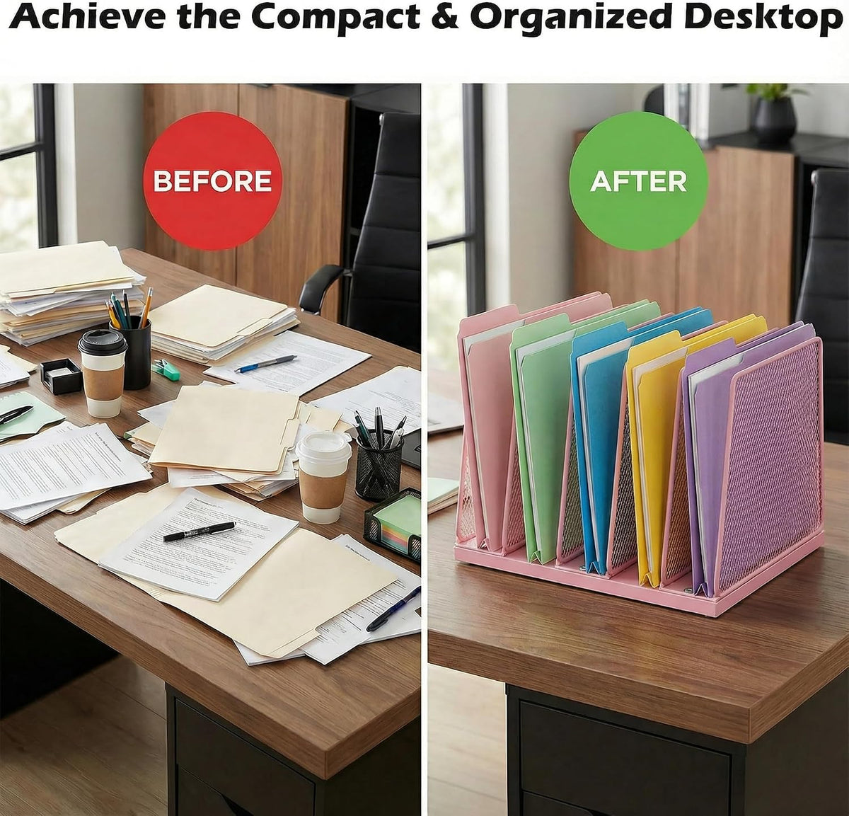 AUPSEN 5-Section File Organizer for Desk, Wood Mesh Desktop File Organizer, File Sorter Storage Rack, Vertical Folder Holder for Files, Magazines, Books (Black)