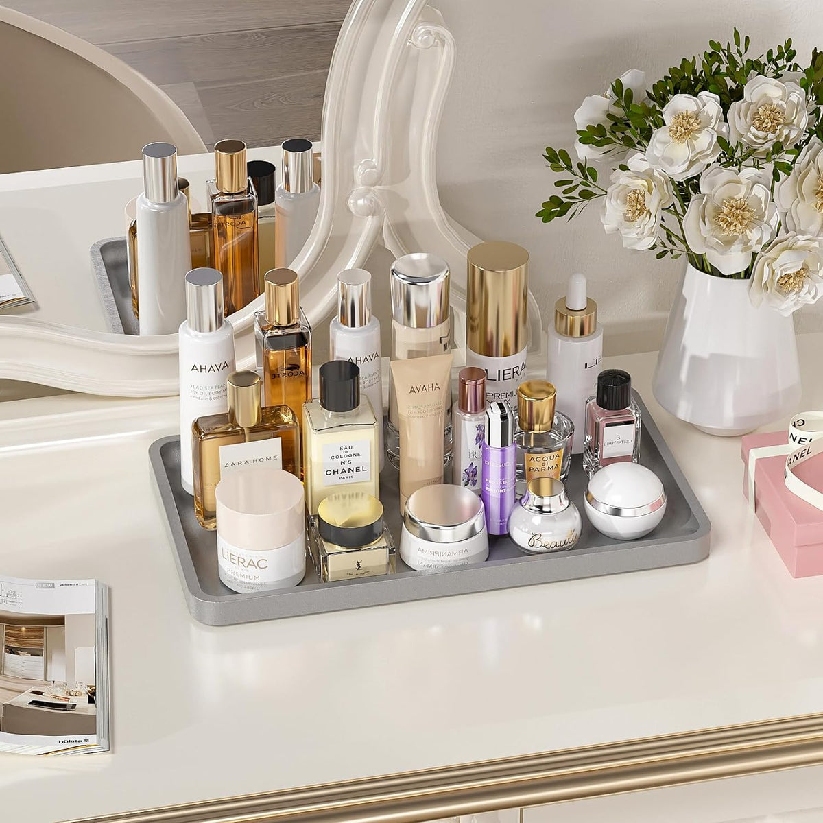 Small Bathroom Vanity Tray for Countertop Makeup Perfume Jewelry Decor Candle Keys, Small Black Kitchen Tray for Soap Dispenser Spice Bamboo Toilet Tray 7.9" L x 4" W x 0.79" H