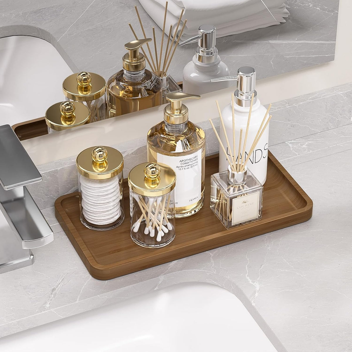 Small Bathroom Vanity Tray for Countertop Makeup Perfume Jewelry Decor Candle Keys, Small Black Kitchen Tray for Soap Dispenser Spice Bamboo Toilet Tray 7.9" L x 4" W x 0.79" H