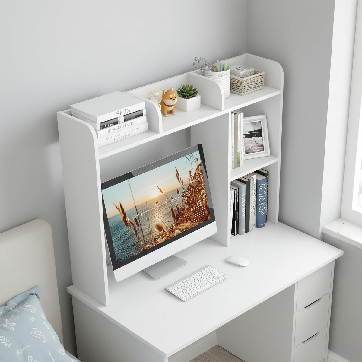 Desktop Bookshelf, Countertop Storage Hutch with 5 Shelves for Computer Desk, Desk 3-Tier Display Rack, Multipurpose Wood Desktop Hutch Storage Organizer for Dorm Office Home