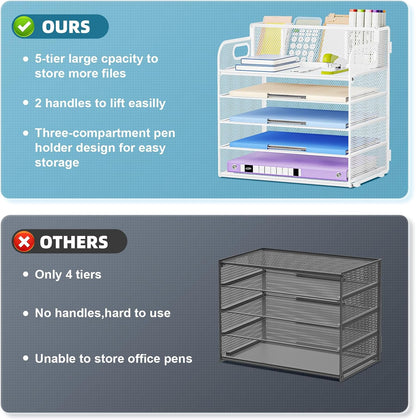 Marbrasse 5 Tier Paper Organizer Letter Tray, Mesh Desk File Organizer with Handle, Paper Sorter Desk Organizer for Home Office Supplies - Black, Adjustable