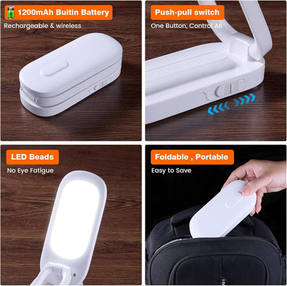 Foldable LED Desk Lamp, Rechargeable Battery Operated Portable Light with 3 Brightness Levels, 180° Adjustable Eye-Caring Mini Lamp for Home Office, Reading & Travel (White)