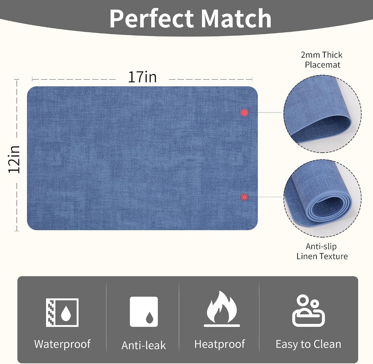 Maxpearl Faux Leather Placemats Set of 6 - Waterproof - Wipe Clean - Heat Resistant - Anti Slip Dining Table Place Mats, Suitable for Indoor & Outdoor Use, 17’’×12’’, Beige
