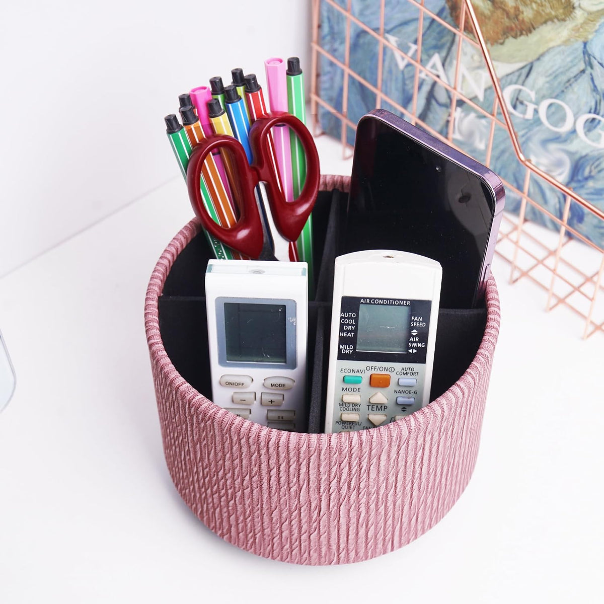 Round Leather Art Supply Organizer,Remote Control Holder,360 Degree Rotating,Multi-Functional Pencil Holder,4 Compartments Desktop Stationary Organizer(1-Blue Bird) - Colors A