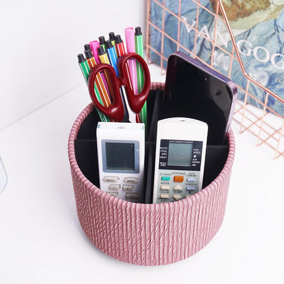 Round Leather Art Supply Organizer,Remote Control Holder,360 Degree Rotating,Multi-Functional Pencil Holder,4 Compartments Desktop Stationary Organizer(1-Blue Bird) - Colors A