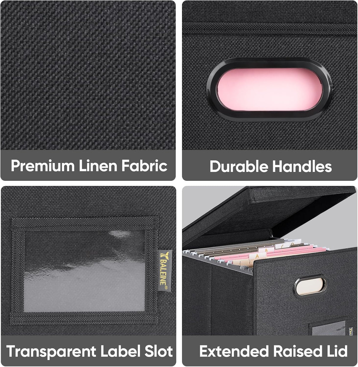 BALEINE File Organizer Box with Lid, Collapsible File Folder Organizer with Plastic Slide, Hanging File Folder Box for Office Document Storage (Black)