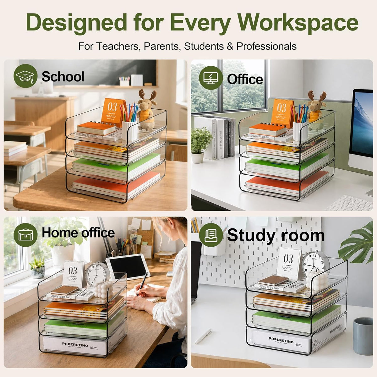 FANXIYQ 4-Tier Acrylic Paper Tray Organizer, Clear Stackable Desk File Organizer for Documents, Files, Letters, A4 Paper, Books, Notes, Mail & Paper Storage, Office Classroom Home