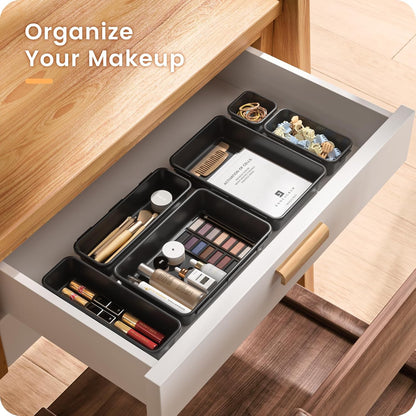 A-LuGei 【Military Grade】 Drawer Organizer, 【𝟱𝗦𝗶𝘇𝗲】 Makeup organizer, 【Holds 177 Items】 Bathroom Organizers and Storage, Organization and Storage, Desk Drawer Organizer for Vanity (Clear)