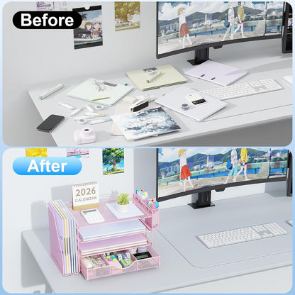 gianotter Desk Organizers and Accessories with File Holder, 4-Tier Desk Accessories & Workspace Organizers with Drawer and 2 Pen Holder, Paper Organizer for Office Supplies (Rose Gold)