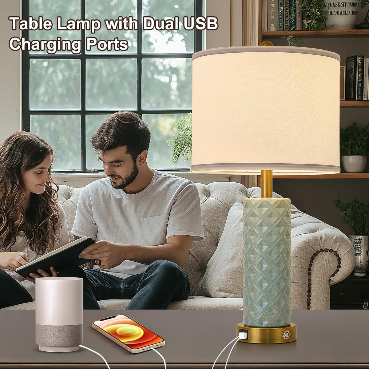 Small Bedside Table Lamp for Bedroom - Reading Desk Lamp with 3 Color Temperatures，15.5" Nightstand Ceramic Lamp with Fabric Shade for Kids Room,Living Room,Dorm,Home Office (Green)