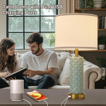Small Bedside Table Lamp for Bedroom - Reading Desk Lamp with 3 Color Temperatures，15.5" Nightstand Ceramic Lamp with Fabric Shade for Kids Room,Living Room,Dorm,Home Office (Green)