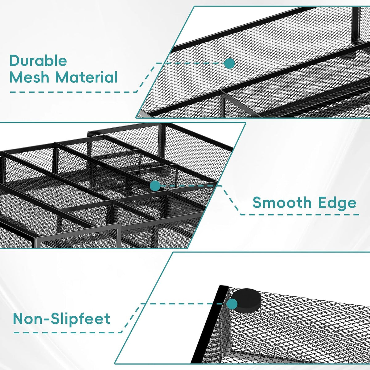 Expandable Desk Drawer Organizer Tray with 10 Adjustable Compartments, Metal Mesh Office Drawer Organizer, Versatile Desk Organizer for Home, School Supplies, Makeup Vanity & Jewelry (Black)