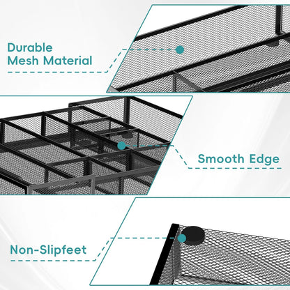 Expandable Desk Drawer Organizer Tray with 10 Adjustable Compartments, Metal Mesh Office Drawer Organizer, Versatile Desk Organizer for Home, School Supplies, Makeup Vanity & Jewelry (Black)