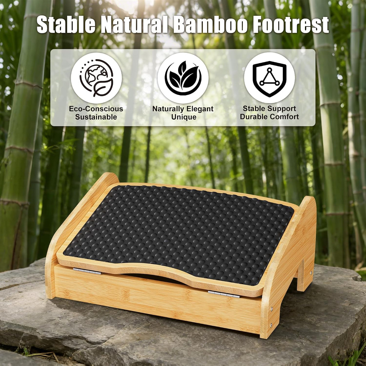 Upgraded Under Desk footrest- Bamboo Ergonomic Adjustable Footrest with 3 Height & Angle Settings,Pebble Massage Surface for Improved Posture and Blood Circulation,Home & Office