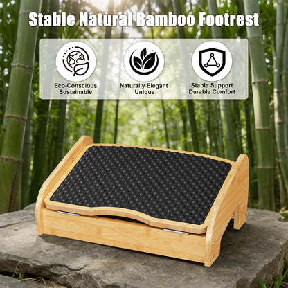 Upgraded Under Desk footrest- Bamboo Ergonomic Adjustable Footrest with 3 Height & Angle Settings,Pebble Massage Surface for Improved Posture and Blood Circulation,Home & Office